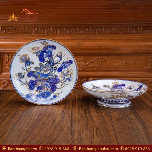 Mâm Bồng Men Lam Vẽ Vàng 24K Cao Cấp GS716