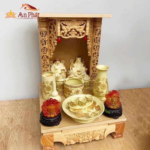 Bàn thờ ông địa thần tài hiện đại mái bằng đồ thờ sứ cao cấp