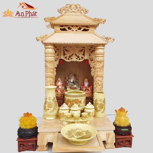 Bàn thờ thần tài ông địa 2 mái chùa màu trần sồi