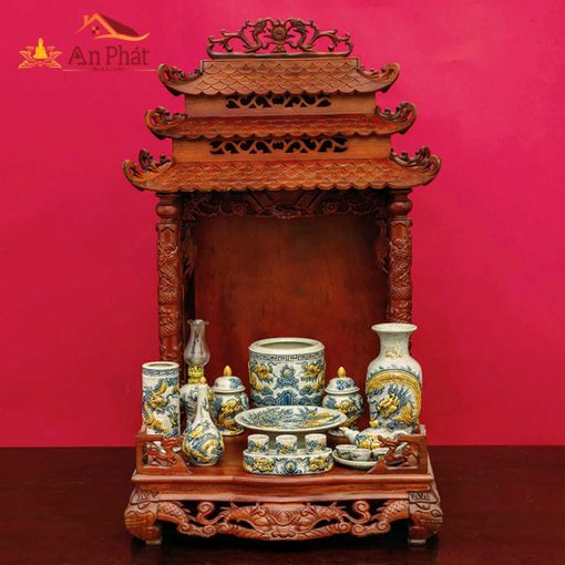 Bàn thờ thổ địa thần tài 3 mái chùa màu cánh dán TT673 4 Bộ bàn thờ thần tài thổ địa 3 mái chùa đồ thờ men rạn