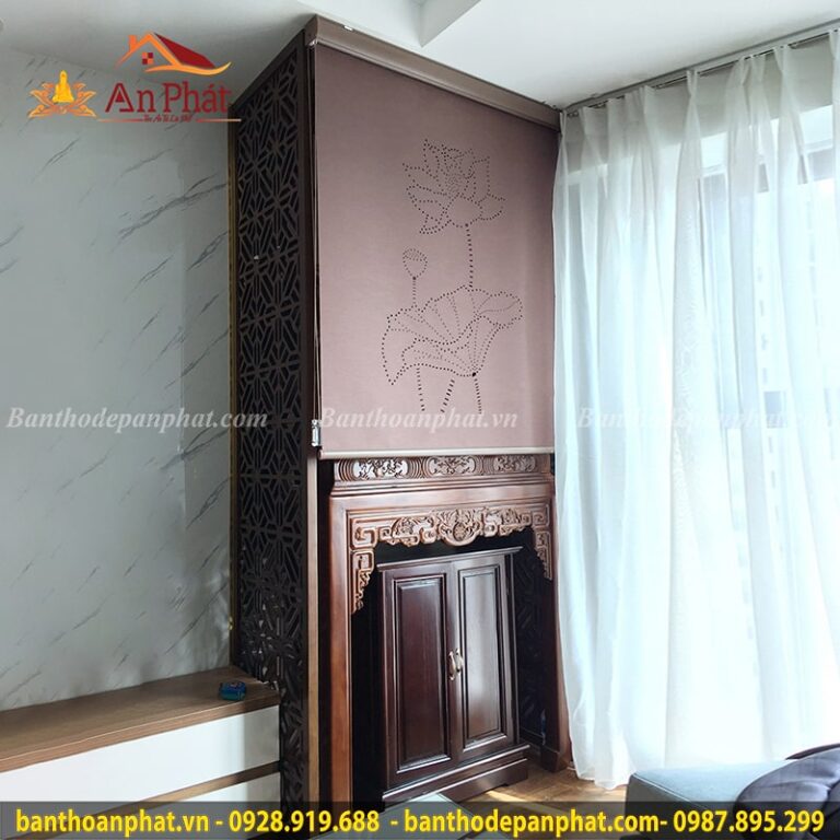 Rèm vải che bàn thờ khắc Laze Hoa Sen RT2054