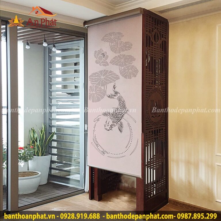 Rèm vải phòng thờ laze xuyên sáng họa tiết hoa sen cá chép RT2025