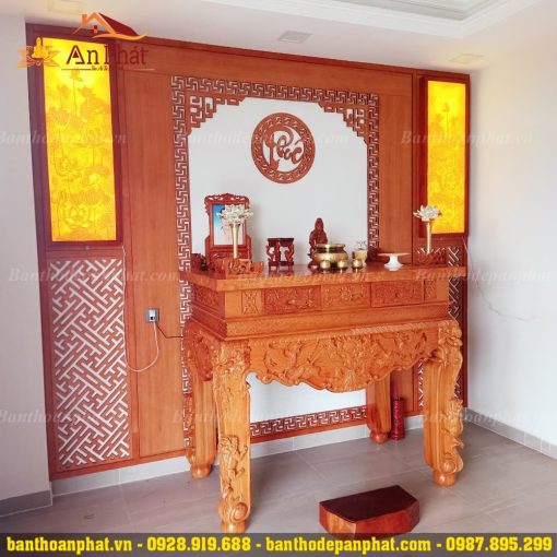 Sập thờ gỗ kết hợp vách ngăn cnc, tranh trúc chỉ cao cấp