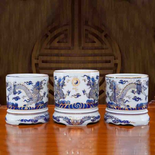 Bộ 3 Bát Hương Men Lam Vẽ Vàng 24K GS752