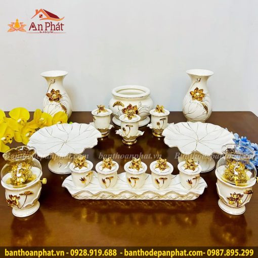 Bộ Đồ Thờ Cao Cấp Men Bạch Ngọc Hoa Sen GS745 2 bo do tho cao cap men bach ngoc hoa sen gs745 1