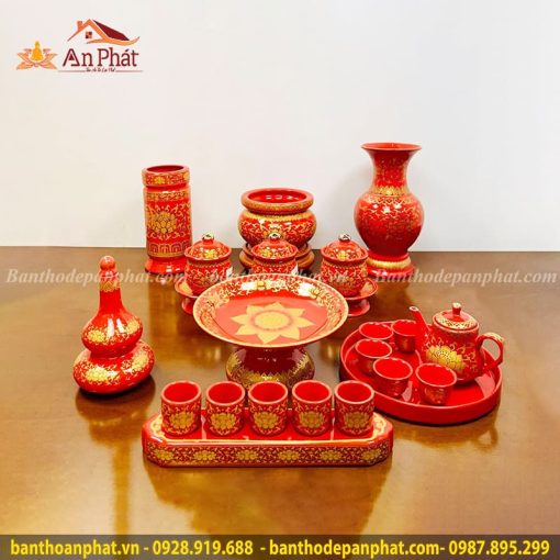 Bộ Đồ Thờ Cao Cấp Men Gấm Đỏ GS750