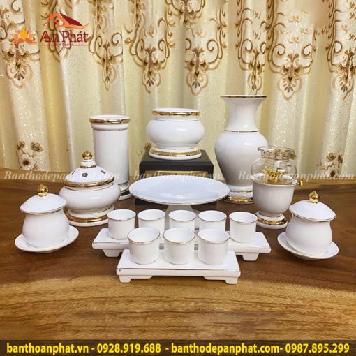Bộ Đồ Thờ Cao Cấp Sứ Trắng Viền Vàng GS749