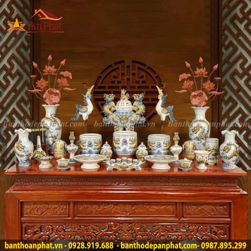 Bộ Đồ Thờ Men Dạn Đắp Nổi Bát Tràng Hình Rồng GS760