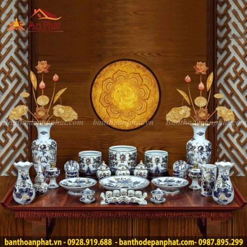 Bộ Đồ Thờ Thần Linh Men Lam Vẽ Vàng 24K GS753