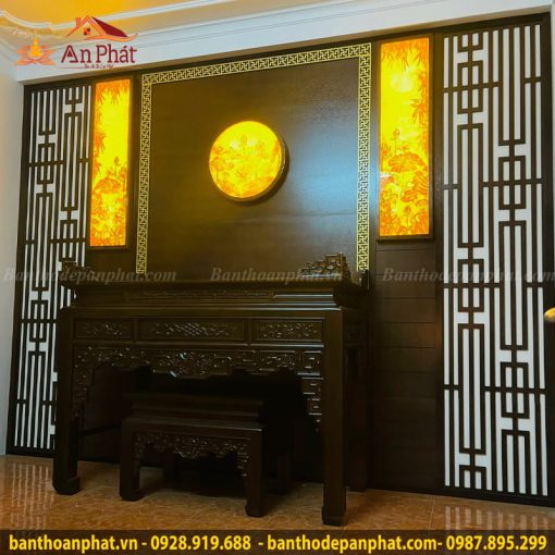 Phòng thờ đẹp gỗ gụ kết hợp vách ngăn CNC đồng bộ
