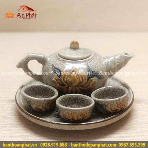 Bộ Ấm Chén Thờ Men Rạn Đắp Nổi GS819