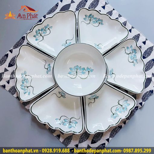 Bộ Bát Đĩa Thờ Cúng Bạch Ngọc Hoa Xanh GS822