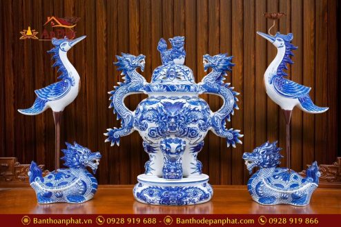 Bộ Đỉnh Hạc Men Lam Bát Tràng Cao Cấp GS802 2 bo dinh hac men lam bat trang cao cap gs802 2