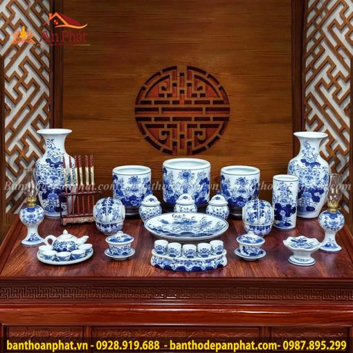 Bộ Đồ Thờ Bát Tràng Men Lam Cao Cấp GS828