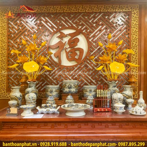 Bộ Đồ Thờ Bát Tràng Men Rạn Đắp Nổi Cao Cấp GS777