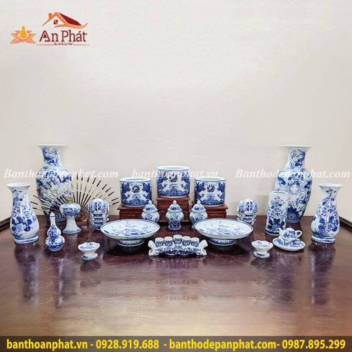 Bộ Đồ Thờ Men Lam Bát Tràng Cao Cấp GS838