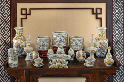 Bộ Đồ Thờ Men Rạn Đắp Nổi Bát Tràng Cao Cấp GS838