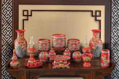 Đồ Thờ Bát Tràng Đắp Nổi Đỏ Cao Cấp GS775