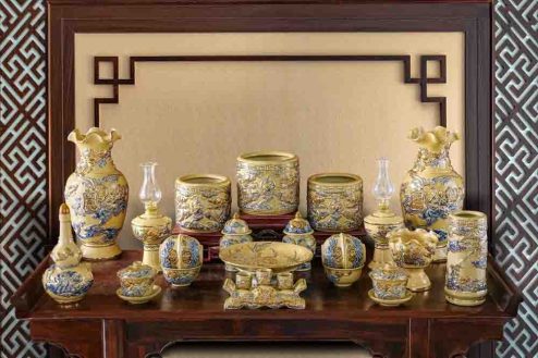 Đồ Thờ Bát Tràng Men Hoàng Thổ Đắp Nổi Vẽ Vàng GS782