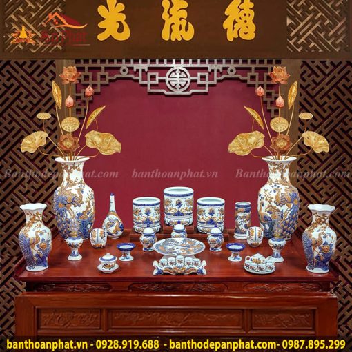 Đồ Thờ Bát Tràng Men Lam Đắp Nổi Cao Cấp GS774