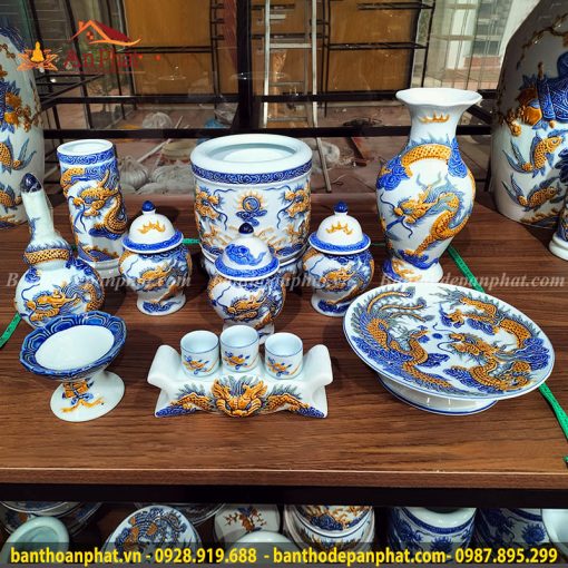 Đồ Thờ Bát Tràng Men Lam Đắp Nổi Cao Cấp GS782