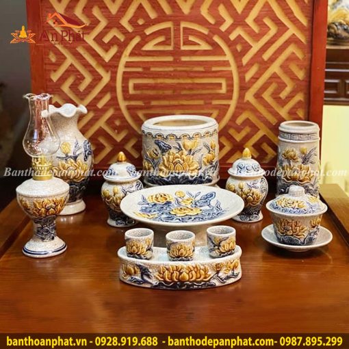 Đồ Thờ Bát Tràng Men Dạn Hoa Sen Cao Cấp GS818