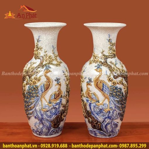 Lọ Hoa Công Đào Men Rạn Đắp Nổi Cao Cấp GS797