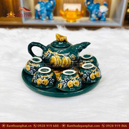 Ấm Chén Thờ 5 Đắp Nổi Bát Tràng Xanh Lục Bảo GS960