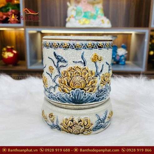 Bát Hương Men Rạn Đắp Nổi Hoa Sen Bát Tràng GS931