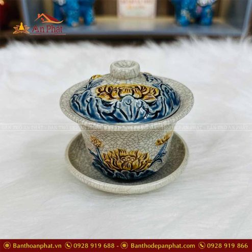 Bát Sâm Men Rạn Bát Tràng Hoa Sen Đắp Nổi GS933