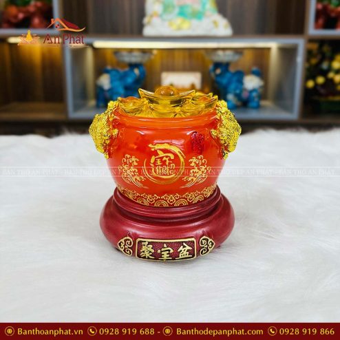 Bát Tụ Bảo Chiêu Tài Đá Việt Đỏ Đế Gỗ VP0024