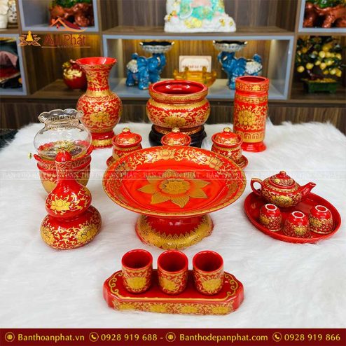 Bộ Đồ Thờ Gốm Sứ Bát Tràng Men Gấm Đỏ GS893