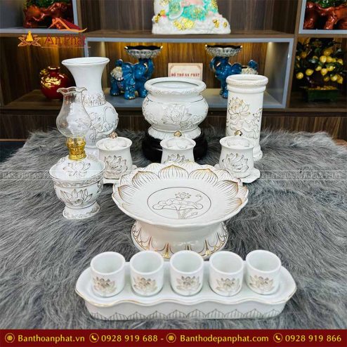 Bộ Đồ Thờ Gốm Sứ Trắng Ngọc Hoa Sen GS887