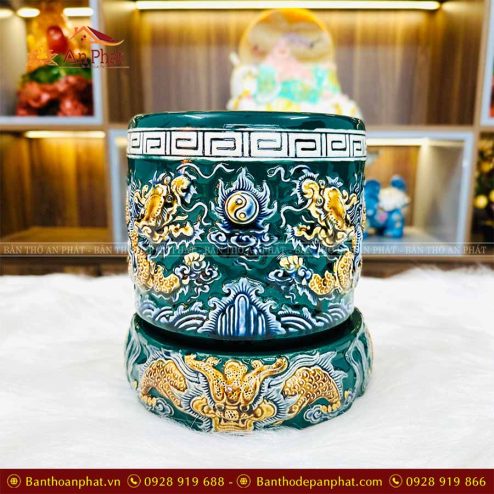 Đế Kê Bát Hương Bát Tràng Đắp Nổi Xanh Lục Bảo GS955
