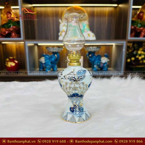 Đèn Thờ Dầu Men Lam Vẽ Vàng Đồ Thờ Cao Cấp GS1058