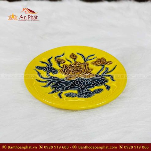 Đĩa Trầu Cau Gốm Sứ Bát Tràng Đắp Nổi Vàng GS916