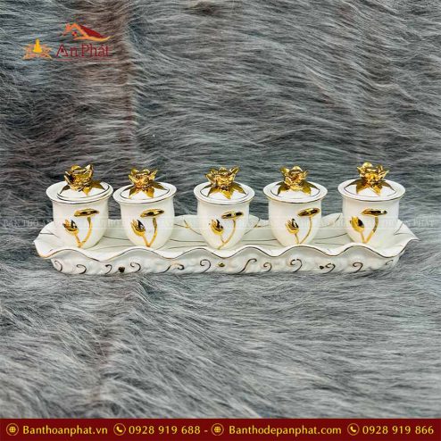 Kỷ Chén Thờ 5 Bạch Ngọc Dát Vàng GS906