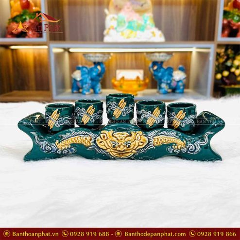 Kỷ Chén Thờ 5 Chén Đắp Nổi Xanh Lục Bảo GS956