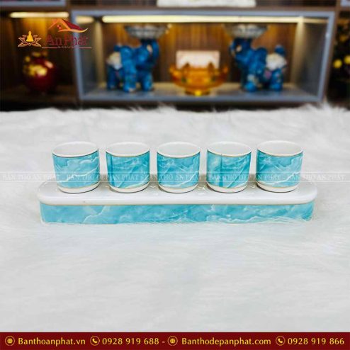 Kỷ Chén Thờ 5 Men Giả Đá Xanh Dương Đồ Thờ Gốm Sứ GS1036