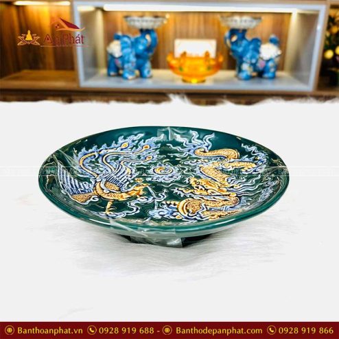 Mâm Bồng Đồ Thờ Bát Tràng Đắp Nổi Xanh Lục Bảo GS958