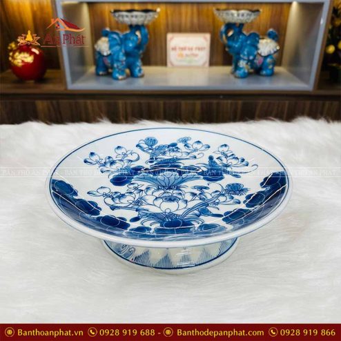 Mâm Bồng Men Lam Vẽ Tay Mẫu Hoa Sen GS950