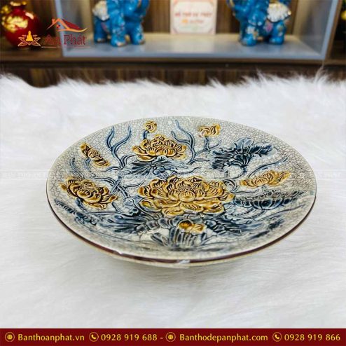 Mâm Bồng Thờ Men Rạn Đắp Nổi Hoa Sen GS934