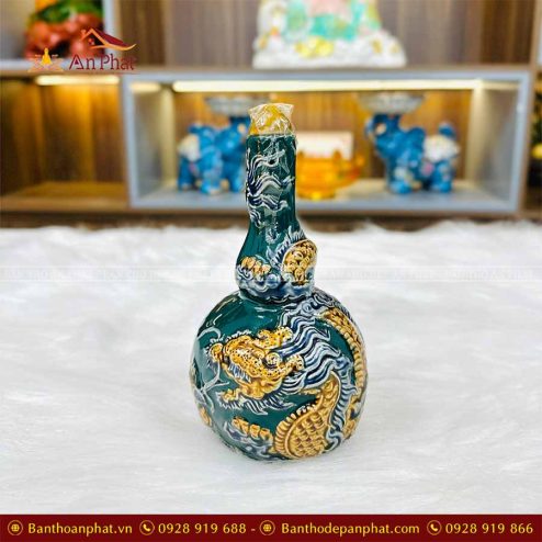 Nậm Rượu Thờ Gốm Sứ Bát Tràng Đắp Nổi Xanh Lục Bảo GS962