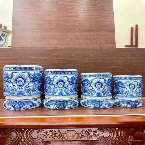 Bát Hương Men Lam Đắp Nổi Phi 18 Cao Cấp GS1115