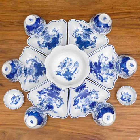 Bộ Bát Đĩa Thờ Mặt Trời Men Lam Vẽ Tay GS1152