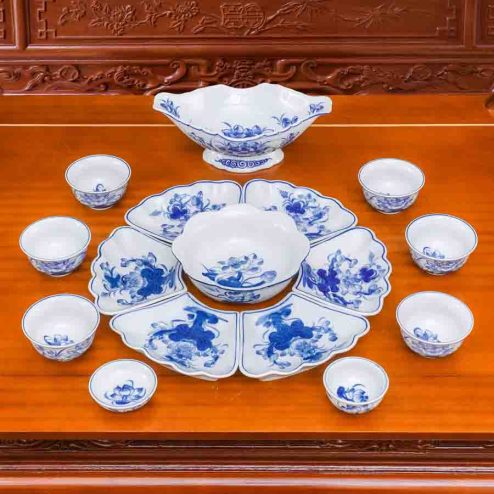 Bộ Bát Đĩa Thờ Men Lam Vẽ Tay Hoa Mặt Trời GS1155