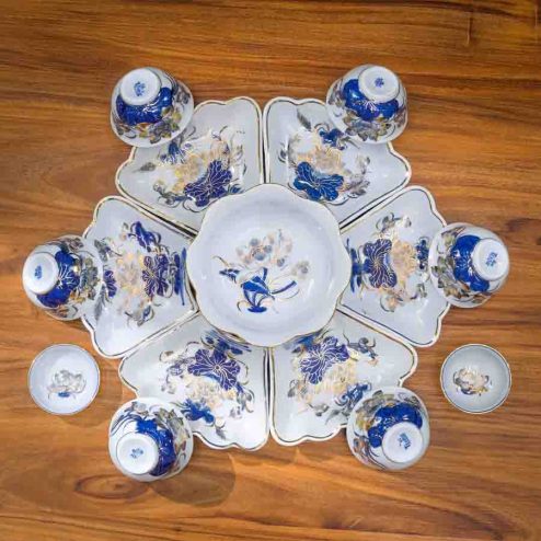 Bộ Bát Đĩa Thờ Men Lam Vẽ Vàng 24K GS1151