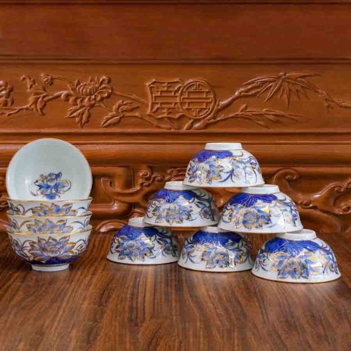 Bộ Bát Thờ Men Lam Vẽ Vàng 24K Cao Cấp GS1147