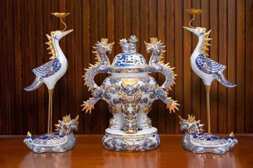 Bộ Đỉnh Hạc Men Lam Vẽ Vàng 24K Cao Cấp GS1087