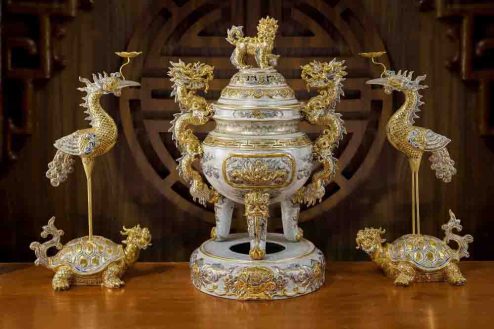 Bộ Đỉnh Hạc Men Rạn Đắp Nổi Vẽ Vàng 24K GS1093